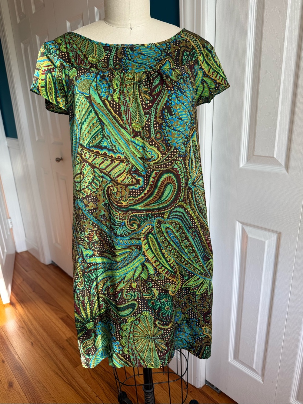 Calypso St. Barth Green and Blue Silk Paisley Shift Dress